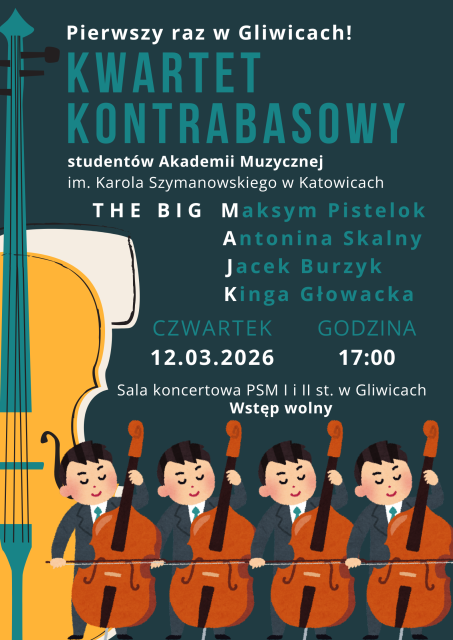 Kwartet kontrabasowy studentów Akademii Muzycznej im. Karola Szymanowskiego w Katowicach.