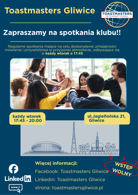 Mów Pewniej! Przyjdź jako Gość na wtorkowe spotkania Toastmasters Gliwice
